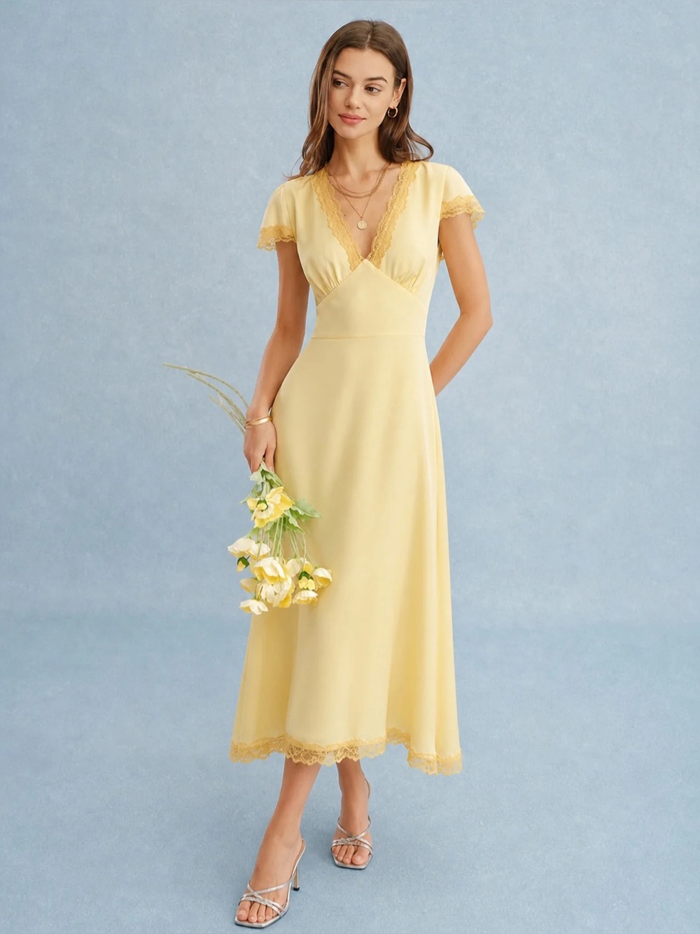 Rihoas Yellow V Neck Lace Splicing Maxi Dress